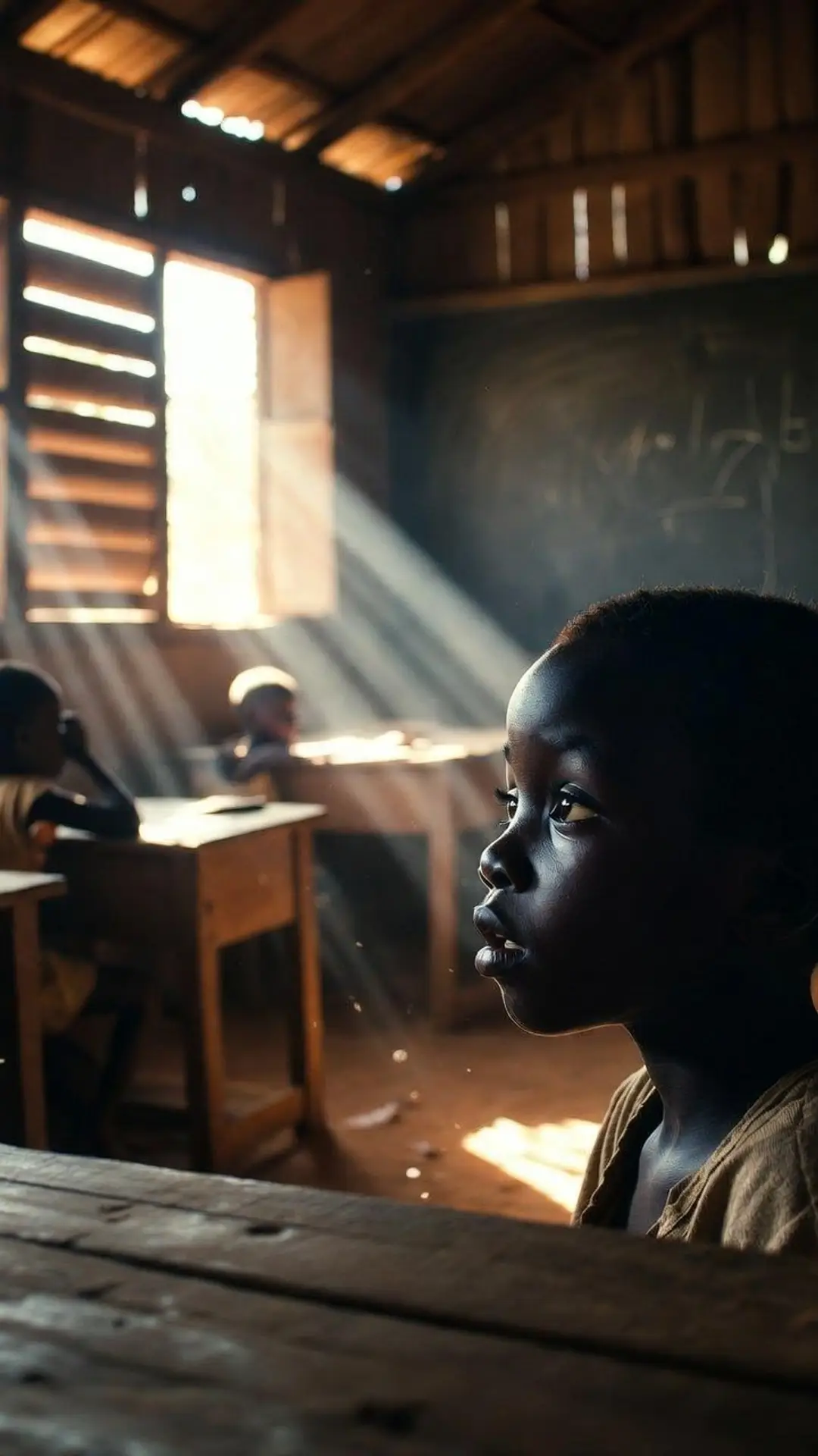 Enfant attentif dans une salle de classe de village au Gabon