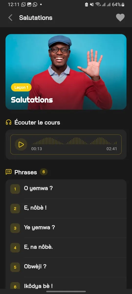 Leçon « Salutations » dans l'app Ezango