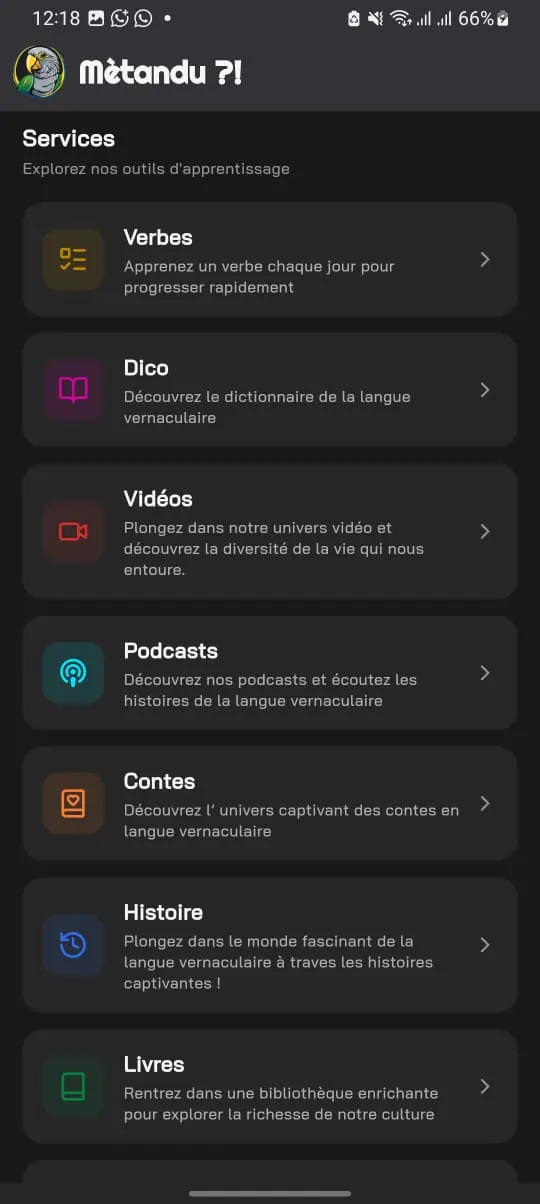 Écran Services d'Ezango : Verbes, Dico, Vidéos, Podcasts, Contes, Histoire, Livres