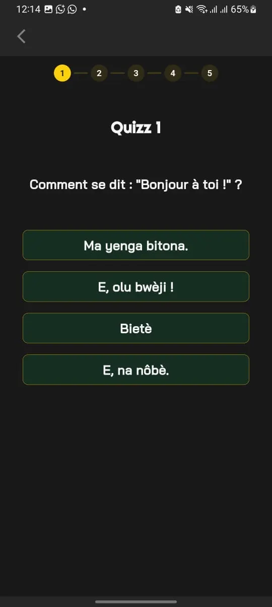 Écran de quiz Ezango : « Comment se dit Bonjour à toi ? » avec 4 réponses