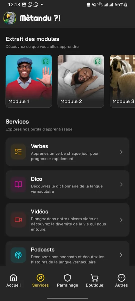 Écran d'accueil des modules Ezango